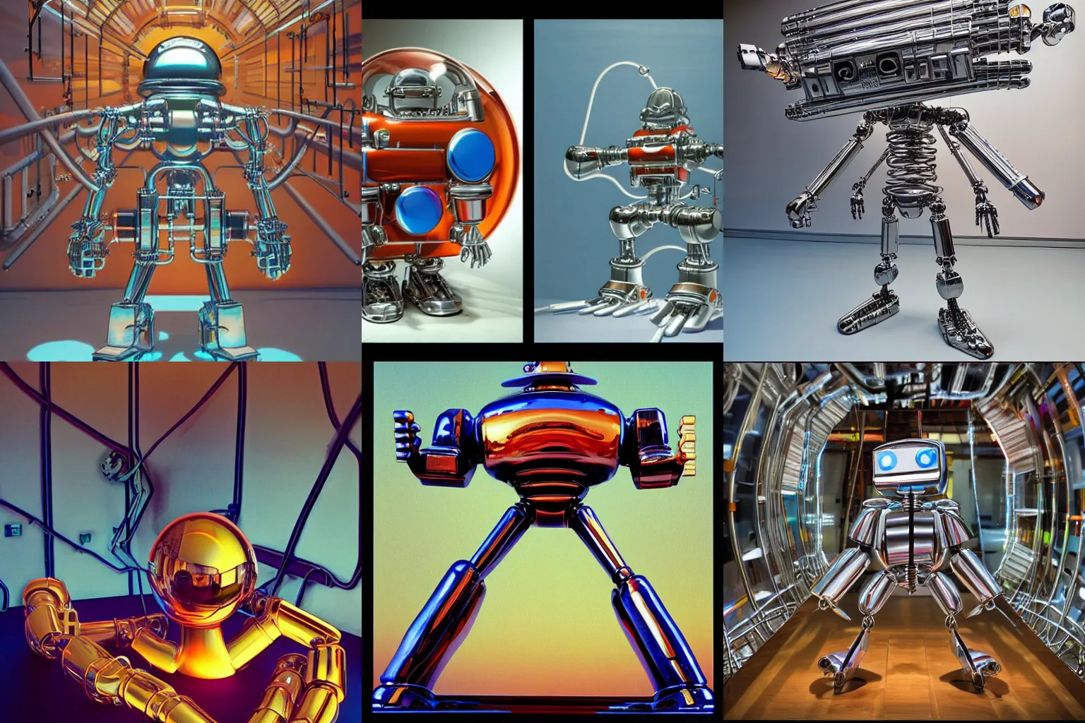 Prompt: A propaganda, chrome simple mechanical mechabot characterdesign sculpture made from chrome wires and tubes by moebius, by david lachapelle, by angus mckie, by rhads, by jeff koons, in an empty studio hollow