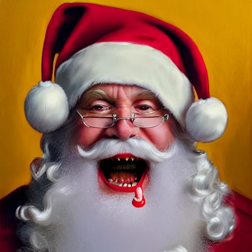 Image similar to frontal upper view of santa claus that is evil, cream colored cap, cream colored robe, red grinning mouth, cream colored background, fine art, award winning, intricate, elegant, sharp focus, cinematic lighting, digital painting, 8 k concept art, by michael hussar and greg manchess and brom and z. w. gu, 8 k