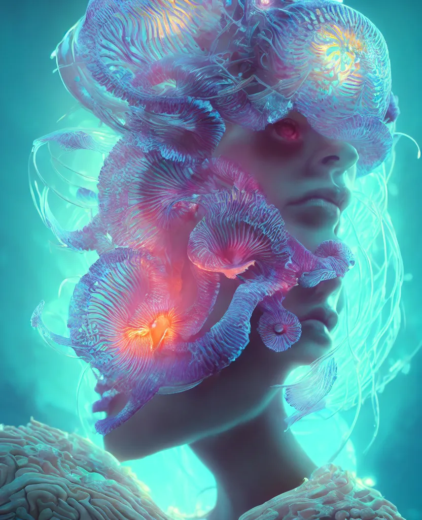 Image similar to goddess close-up portrait. orchid jellyfish phoenix head, nautilus, skull, betta fish, bioluminiscent creatures, intricate artwork by Tooth Wu and wlop and beeple. octane render, trending on artstation, greg rutkowski very coherent symmetrical artwork. cinematic, hyper realism, high detail, octane render, 8k