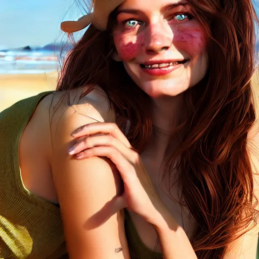 Image similar to portrait of a cute thin young woman, bronze brown hair, eye color is emerald green, red blush, a few freckles, smug smile, modern clothes, relaxing on the beach, golden hour, close up shot, 8 k, art by irakli nadar, hyperrealism, hyperdetailed, ultra realistic