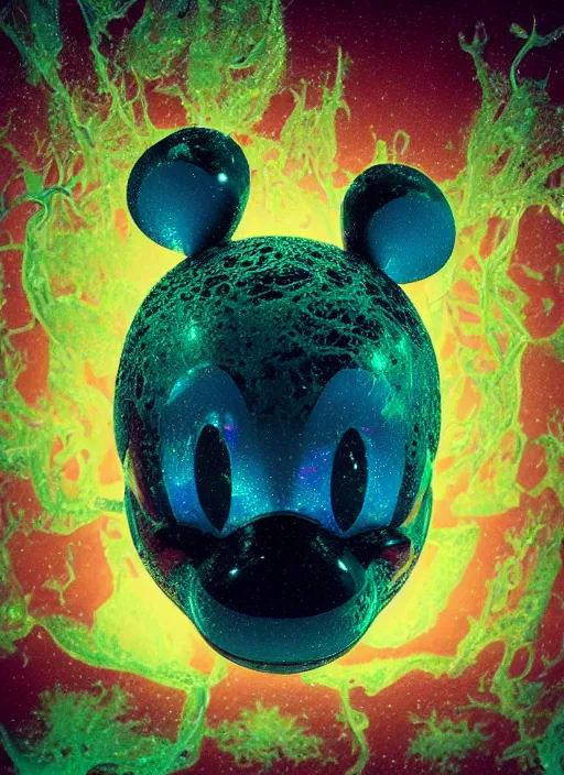 Image similar to mickey mouse head, fractal, broken, wet, mycelium, radiant alien, rococo, baroque, automotive, bio-mechanical, porcelain, iridescent sub surface scattering, octane render