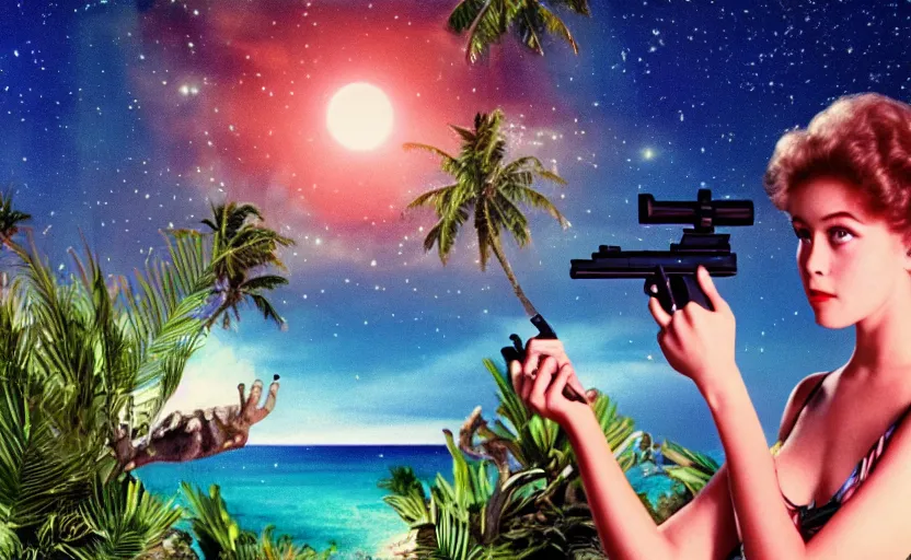 Image similar to 1 9 8 6 vintage movie screencap of a girl with a gun on a mediterranean mansion, gucci clothes, night sky, beach and tropical vegetation on the background major arcana sky and occult symbols, extremely ultra high quality photo 8 k