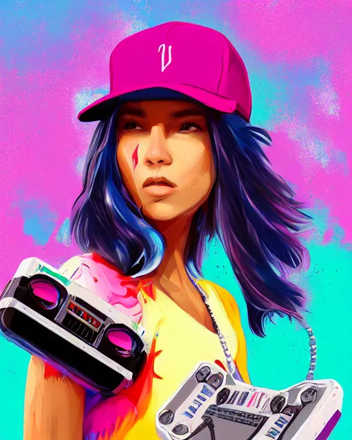 Image similar to a skater girl wearing a baseball cap holding a boombox in her right hand. paint splashes, outrun, vaporware, shaded flat illustration, digital art, trending on artstation, highly detailed, fine detail, intricate