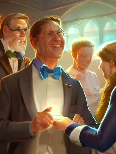 Prompt: a handsome humble middle aged man talking in a party. the soul of the party. intricate, elegant, highly detailed, digital painting, artstation, concept art, sharp focus, illustration, by justin gerard and artgerm, 8 k