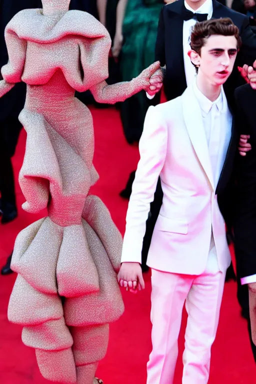 Image similar to timothee chalamet and lady gaga holding hands on the red carpet, beautiful detailed faces