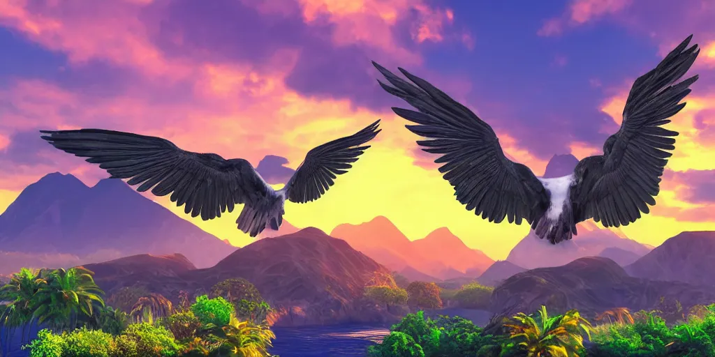 Image similar to large birds with giant wings flying over tropical islands with mountains and sunset sky, HD, 4K, digital art style