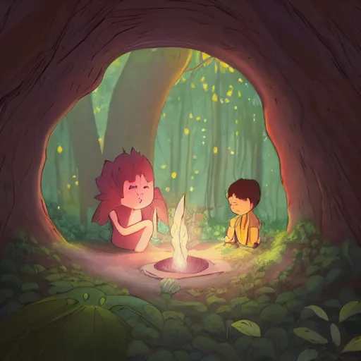 Image similar to a faerie and firefly couple living inside a hollow in a tree, masterpiece soft focus painting by kerascoet by marie pommepuy and sebastien cosset by studio ghibli, dynamic lighting