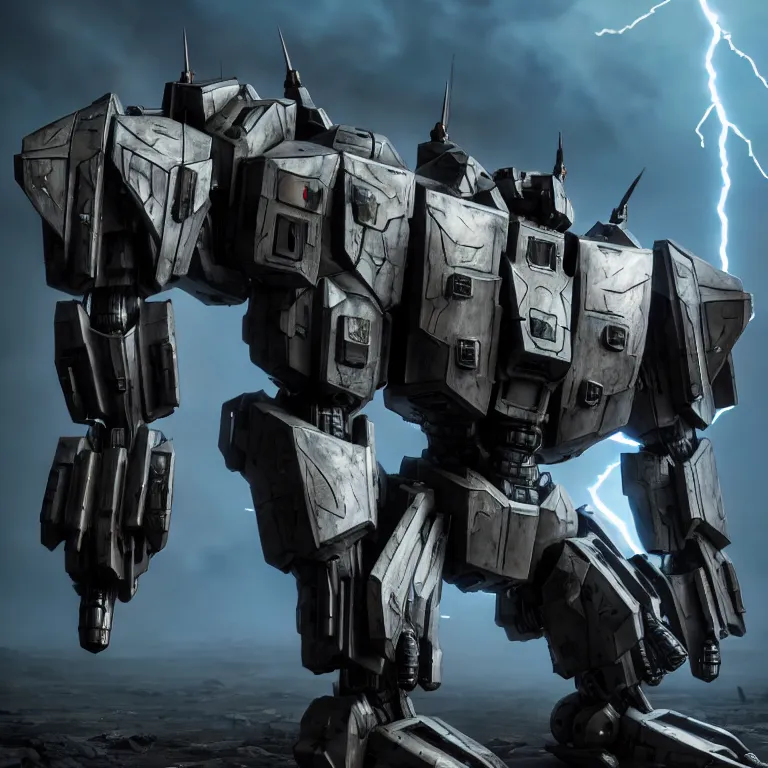 Image similar to hyper detailed 8 k cg cinematic still, rendering with volumetric lightning and ray tracing, show case of full body aggressive armored core, weathering armor plating, decipticon armor plating, aggressive head, endoekeleton exposure