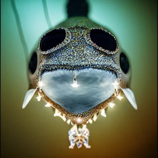 Image similar to A diamond encrusted killer anglerfish with jeweled teeth, dangling a light in front of it, the light is a dollar sign