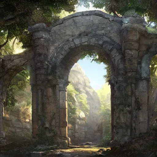 Image similar to concept art painting of an ornate ancient stone archway, in the woods, realistic, detailed, cel shaded, in the style of makoto shinkai and greg rutkowski and james gurney