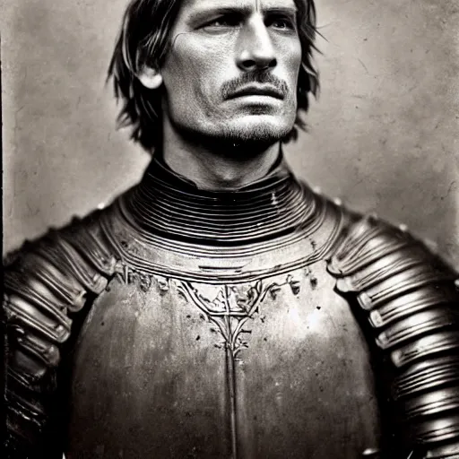 Image similar to tintype photo of jaime lannister, wearing armor, by julia margaret cameron 1 8 8 0 s, realistic, body shot, sharp focus, 8 k high definition, insanely detailed, intricate, elegant