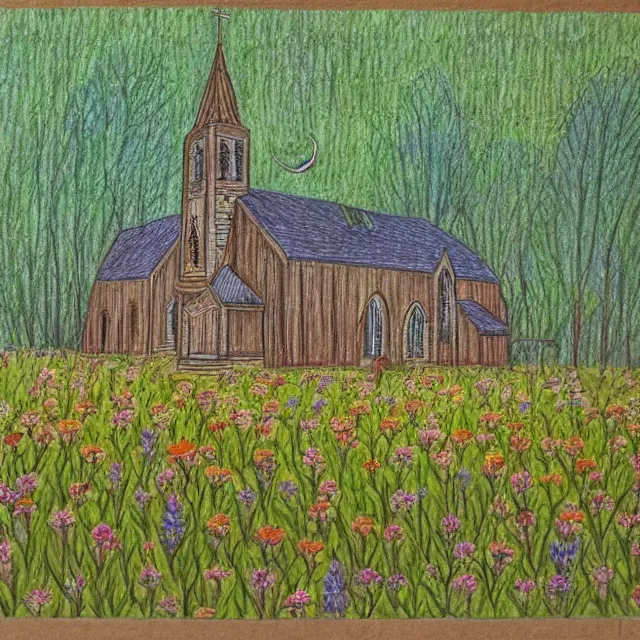 Image similar to abandoned church in a forest flower meadow with a pond landscape, colored pencil drawing