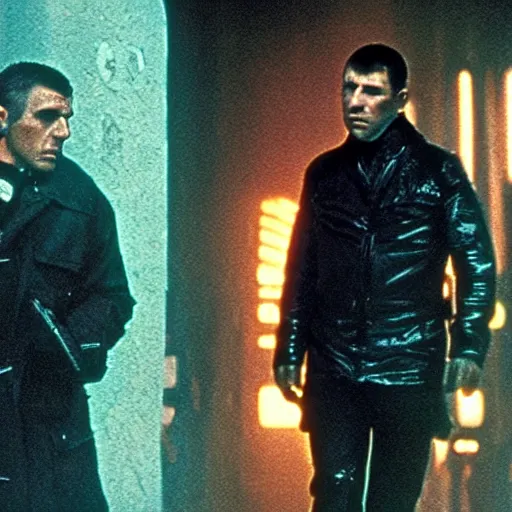 Prompt: film still blade runner with a man in a techwear outfit