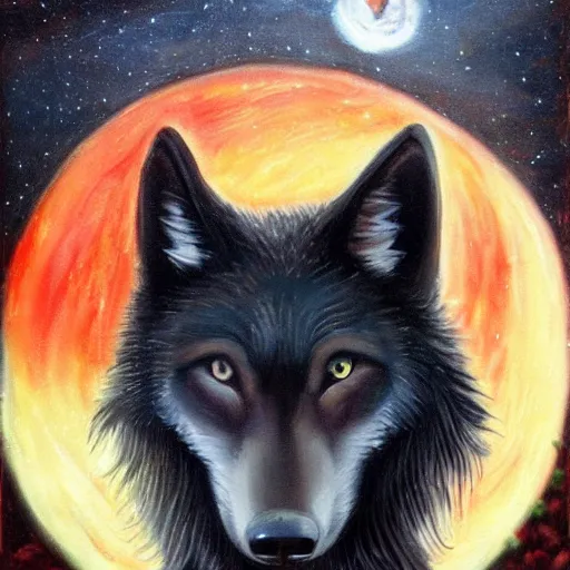 Image similar to a majestic large black wolf with red eyes curled around a small, fragile and cute white rabbit lovingly to protect it from the dangerous forest that is all around them, oil painting, award winning, 4k, high quality, high detail