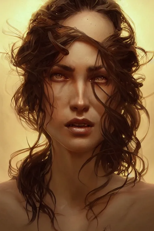 Image similar to extremely ugly terrifying woman, dramatic shadows, dramatic lighting, intricate, elegant, highly detailed, digital painting, artstation, concept art, smooth, sharp focus, illustration, art by artgerm and greg rutkowski and alphonse mucha