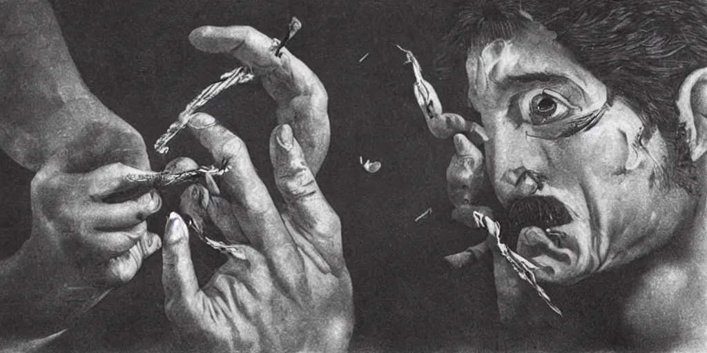 Image similar to a man removing a nail from the middle of his forehead where he has a third eye by dali