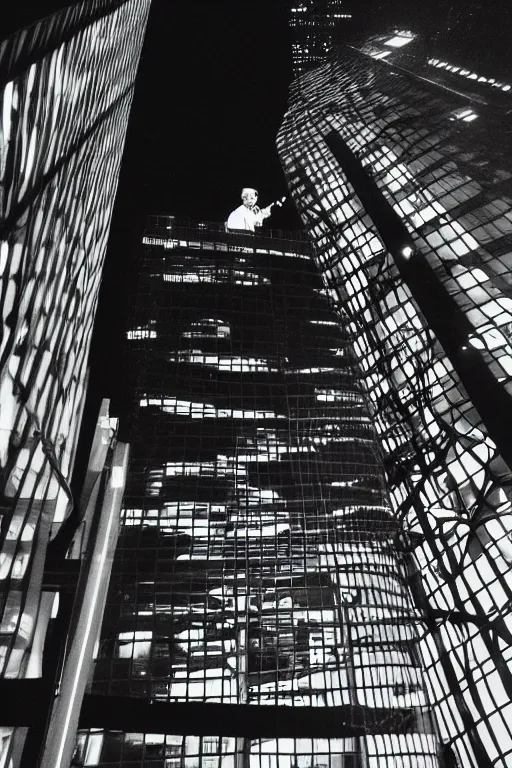 Prompt: view from below, man in reflective jacket closeup, night, the barbican behind, fashion photography, 3 5 mm photography, exposed b & w photography