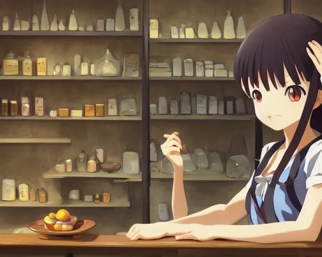 Image similar to anime visual, portrait of a young female traveler in a alchemist's shop interior, cute face by yoh yoshinari, katsura masakazu, studio lighting, dynamic pose, dynamic perspective, strong silhouette, anime cels, ilya kuvshinov, cel shaded, crisp and sharp, rounded eyes, moody