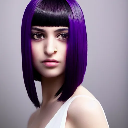 Prompt: Pale-skinned Persian girl, black hime cut hair, bob cut hair, purple eyes, mysterious girl, photograph