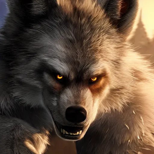 Prompt: 8k ultra realistic werewolf videogame promotional art, grey fur, full of colour, cinematic lighting, trending on artstation, focused, extreme details, unreal engine 5, cinematic