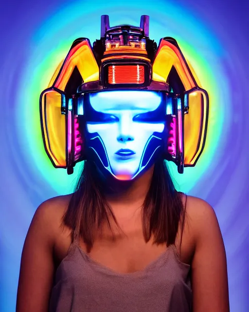 Prompt: centered medium shot fine studio photograph of a young woman wearing only a synthwave mecha Mayan helmet with bright lights, designed by Efrain Recinos, ultra-realistic, white background, 8k HDR, intricate