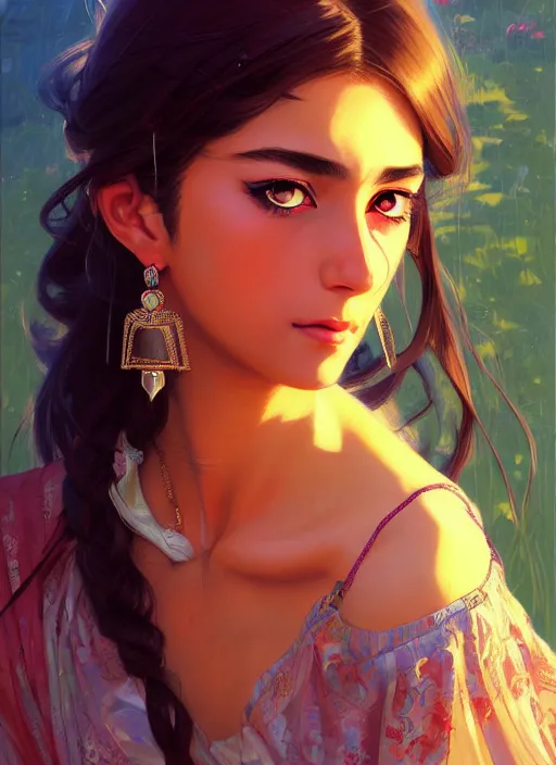 Prompt: a comic portrait of an gypsy girl, fine - face, realistic shaded perfect face, fine details, jewelry, night setting. very anime style. realistic shaded lighting poster by ilya kuvshinov katsuhiro, magali villeneuve, artgerm, jeremy lipkin and michael garmash, rob rey and kentaro miura style, trending on art station