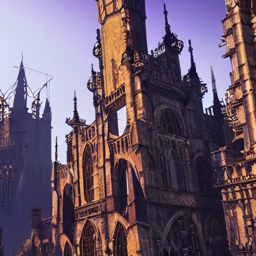 Prompt: gothic medieval city that looks like a tall, ornate birthday cake, golden hour, game by hidetaka miyazaki, hdr raytracing, highly detailed, cryengine