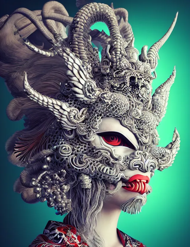 Image similar to 3 d goddess close - up profile satan biohazard portrait with crown, ram skull. beautiful intricately detailed japanese crow kitsune mask and clasical japanese kimono. betta fish, jellyfish phoenix, bio luminescent, plasma, ice, water, wind, creature, artwork by tooth wu and wlop and beeple and greg rutkowski