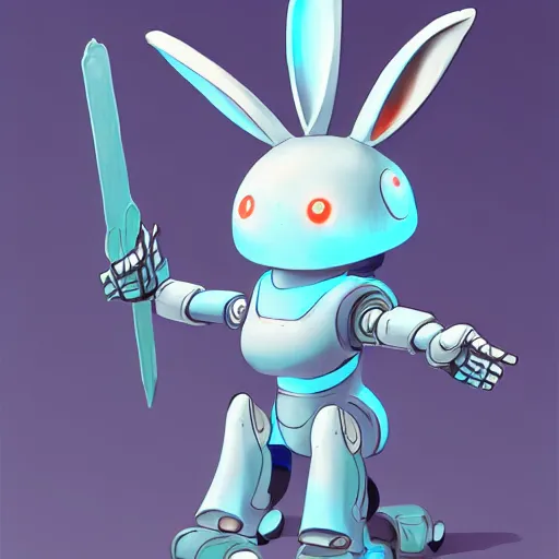 Prompt: a rabbit robot warrior, artstation, by hayao myazaki, concept art, digital art, light blue, 2 - dimensional, 2 d