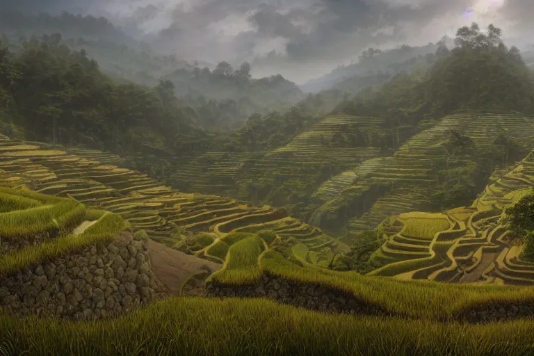 Prompt: a beautifully rendered matte landscape painting of rice terraces, it is raining by andreas rocha and john howe and lee madgwick and pixar, 8 k, f 1 6, trending on artstation,