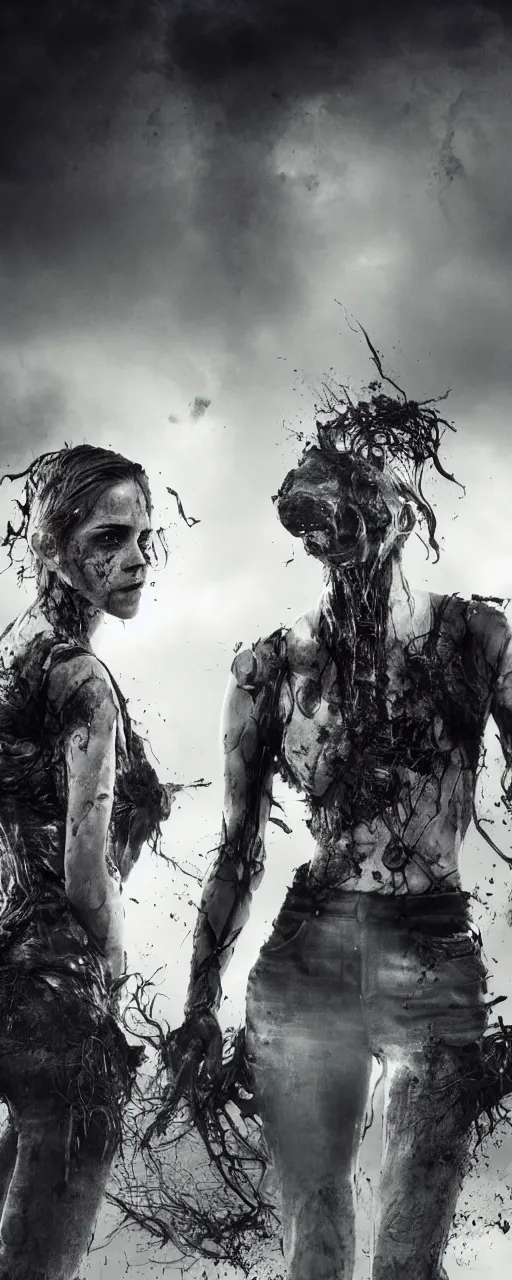 Image similar to twin sisters Emma Watson action poses dishevelled photorealistic portrait grimy sweating wet face dirty t-shirt and torn jeans in broken biomechanical fractal armour abandoned exploding sci-fi gas station, dark and dim atmospheric smog trending on artstation 8k matte painting, dramatic lighting, dramatic shadows professional photograph by Herb Ritts