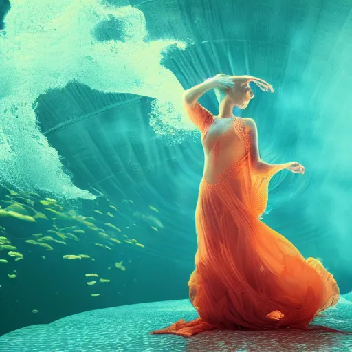 Prompt: woman dancing underwater wearing a long flowing dress made of yellow and red wire, coral sea bottom, swirling schools of silver fish, swirling smoke shapes, octane render, caustics lighting from above, cinematic, hyperdetailed