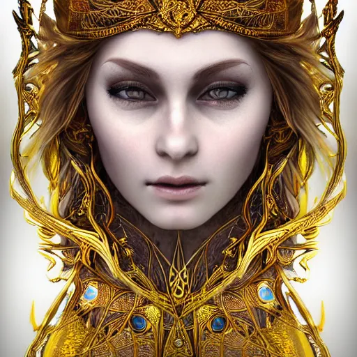 Prompt: highly detailed sharp photorealistic portrait of a beautiful lithuanian female priestess with shimmering hair, symmetrical face and eyes, dressed in intricate flowing silk, the silky cloth lined with golden glowing letters, cgsociety, Elden Ring, Dark Souls, Bloodborne H 640