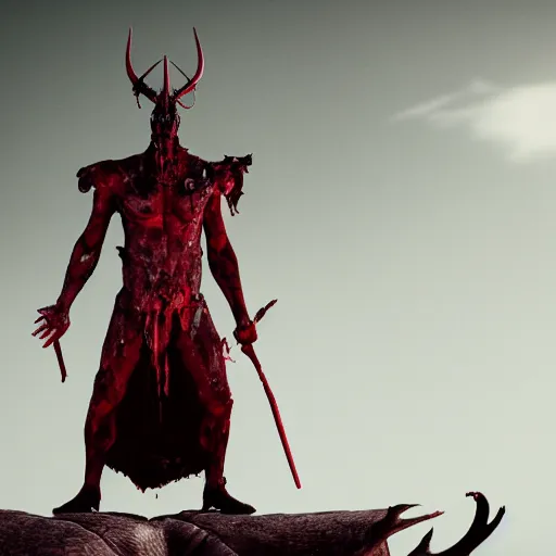 Image similar to god of death, dramatic pose, blood splatters, horns, red, 8 k, hyperrealistic, octane render, dramatic