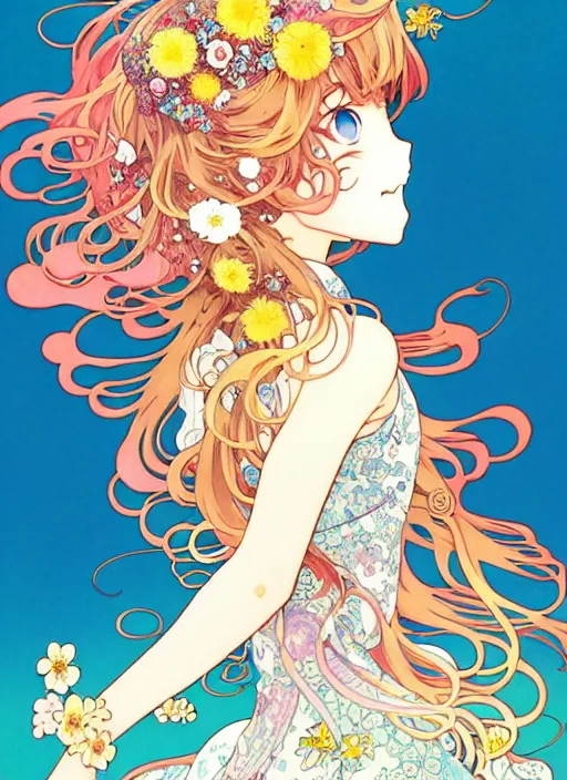 Image similar to exquisite imaginative manga poster art of a smiley girl, long wavy hair, flowers, rococo dress, dove, shimmering, by kojima ayami, shigenori soejima, minaba hideo, alphonse mucha, jump comics, shogakukan, art nouveau, illustration, artstation, highly detailed, 8 k, fluorescent, maximalist