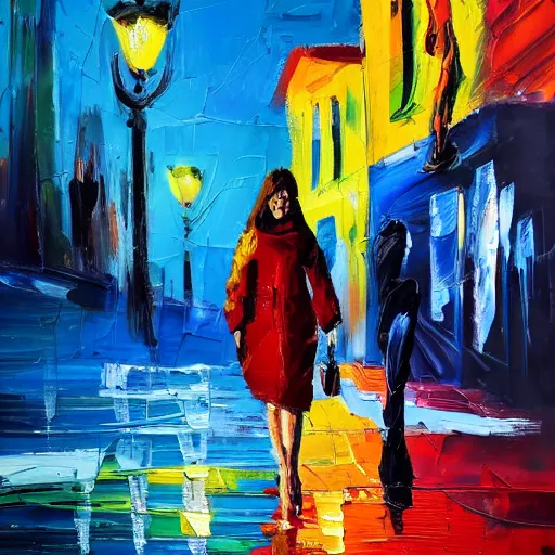 Image similar to impasto acrylic palette knife, impressionism and expressionism, strong emotional impact, bold colors, expressive brushstrokes, overall sense of movement in the composition. woman in a serene san francisco streetscape at night, trending on artstation