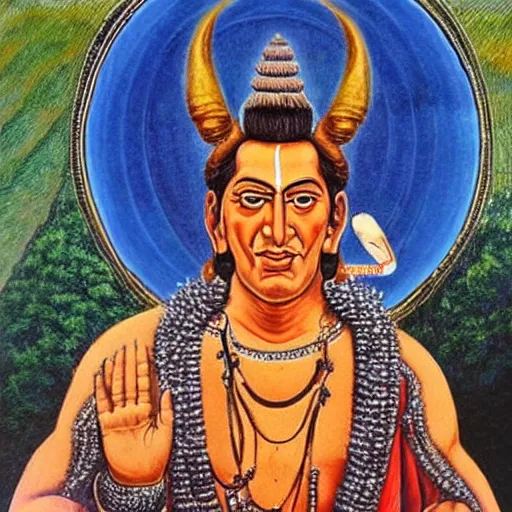 Image similar to silvio berlusconi avatar of the god shiva, traditional vedic painting, the wheel of samsara is visible