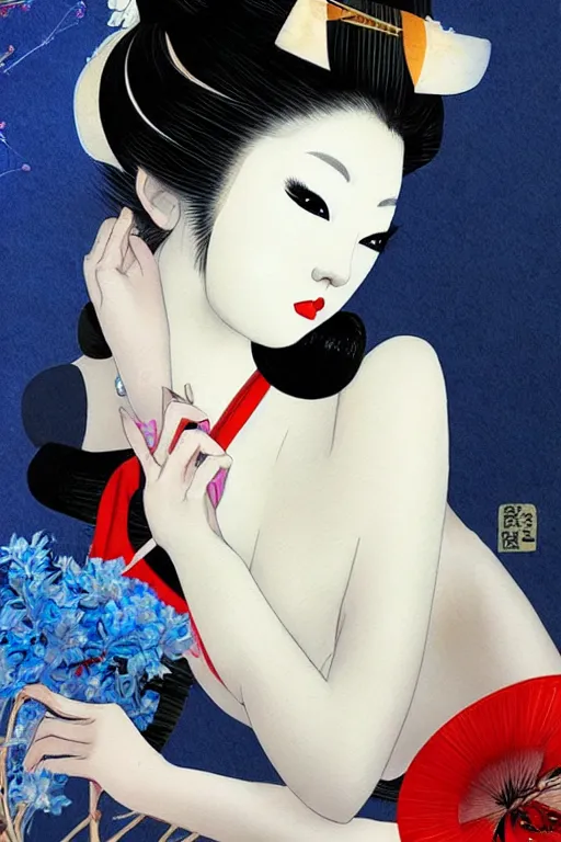 Image similar to sensual and very seductive geisha, digital art, 8k, character, realistic, portrait, photorealism, japan watercolour, masterpiece art