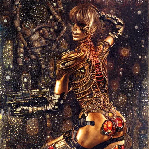 Image similar to cybernetic female demon supersoldier armed with laser rifle, intricate detail, klimt, royo, whealan,