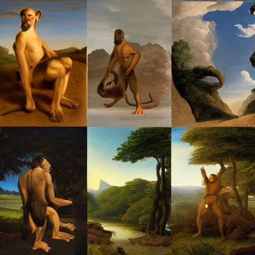 Prompt: evolution from monkey to man, 4 pictures, in the style of the Hudson River School