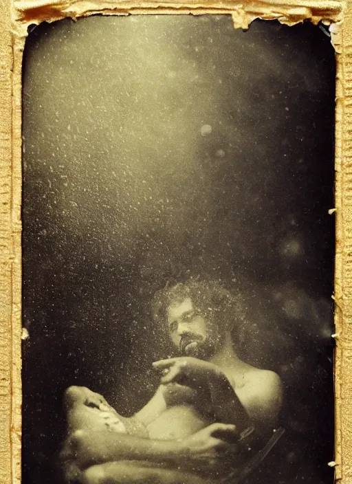 Image similar to old wetplate daguerreotype portrait of the birth of a genius musician, explosion of data fragments, fractal, intricate, elegant, highly detailed, parallax, leica, medium format, subsurface scattering, by jheronimus bosch and greg rutkowski and louis jacques mande daguerre