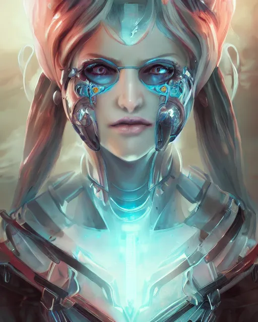 Image similar to holy cyborg necromancer girl, elegant, scifi, futuristic, utopia, garden, illustration, atmosphere, top lighting, blue eyes, white hair, beautiful, artstation, highly detailed, art by yuhong ding and chengwei pan and serafleur and ina wong