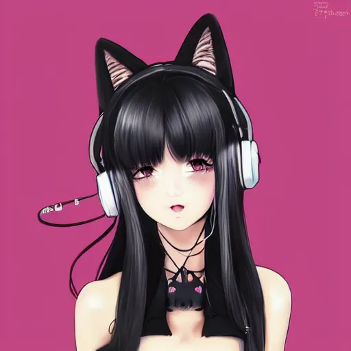 Image similar to realistic beautiful gorgeous buxom natural cute blushed shy girl Blackpink Lalisa Manoban black hair cute fur black cat ears, wearing white camisole, headphones, black leather choker artwork drawn full HD 4K highest quality in artstyle by professional artists WLOP, Taejune Kim, Guweiz on Pixiv Instagram Artstation