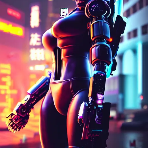 Image similar to An epic comic hyperrealistic painting of a cyber warrior girl wearing mecha cyber suit, attractive, ultradetailed face trending on artstation and artbreeder, cyberpunk 2077 color, heavy rainning at tokyo street night, neon lights all around, Matte paiting, smoke, cinematic lighting, corona render, arnold render, movie concept art, 8k, RPG portrait, Concept world, rim lights, PS5 render quality