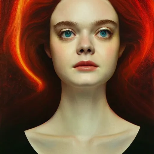 Image similar to Elle Fanning transcending into cyberspace in the style of Paola Vetri, head and shoulders portrait, stormy weather, extremely detailed masterpiece, oil on canvas, low-key neon lighting, artstation, Blade Runner 2049, Roger Deakin’s cinematography, by J. C. Leyendecker and Peter Paul Rubens and Edward Hopper and Michael Sowa,