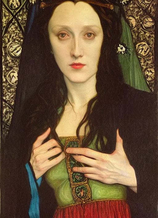 Prompt: morgan le fay and, oil painted, pre - raphaelite style,