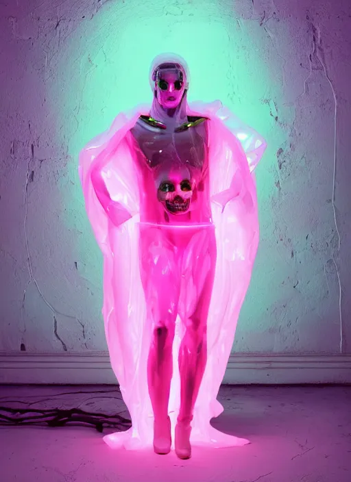 Image similar to photo of fullbodied baroque and bladerunner delicate neon diamond sculpture of seductive onyx albino marble prince adonis bosso dotado mint iridescent humanoid deity wearing pink plastic trashbag hooded cloak holding diamond skull in a white alien dungeon, reclining, glowing magenta face, crown of white diamonds, cinematic lighting, photorealistic, octane render 8 k depth of field 3 d
