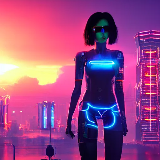 Image similar to « glowing neon lights, sunrise, cyberpunk, alita battle angel, blade runner, rainy, cold, clouds, far view, photorealistic, unreal engine 5, sharp focus »