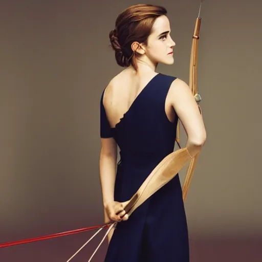 Image similar to Emma Watson with long red hear, wearing a navy dress, carrying a bow and arrow, photographed from the back, looking backwards, crisp lighting, lens flair, low contrast