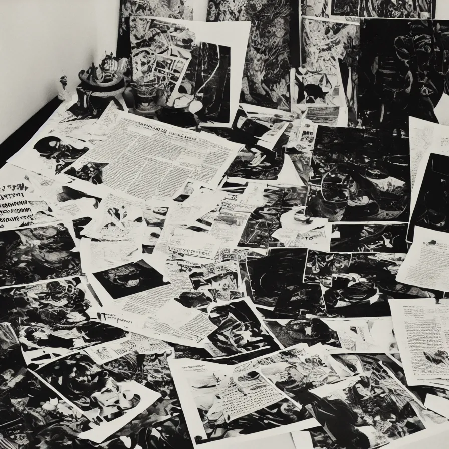 Image similar to A black and white photography of an exhibition space with objects of Sun Ra, Marcel Duchamp and tropical plants, 60s, offset lithography print, newspaper, detail, nature morte